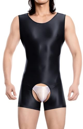 RuiChy Herren Glänzendes Body Armellos Fitness Overall Tank Top Shiny Rundhals Einteiliges Leotard Wrestling Singlet Unitard Freizeit Trainings Playsuit Festival Rave Nachtwäsche