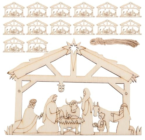 DOITOOL 50 Stück Holzanhänger Weihnachten Krippenbaumschmuck zum Aufhängen in Beige mit Geburt Jesu Motiv für Selbstgemacht Basteln und Festliche Weihnachtsdeko Am Tannenbaum
