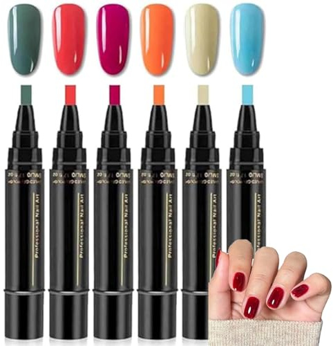 6PCS Polish Nail Polish Pens UK, Nail Varnish Pens 3 In 1 Gel Nails Polish Pen Set, One Step DIY Nails Varnish Pen, No Base Coating Required, DIY Nail Pens for Girls and Ladies (6Colors E)