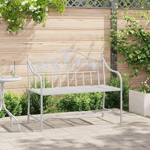 SKTQYQO Gartenbank aus Metall im Vintage-Stil mit dekorativer Rückenlehne, Vögel und Blumen, robustes und langlebiges Design für Garten, Terrasse, Balkon, Farbe Weiß, Größe 104 x 52,5 cm