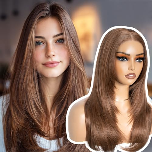 Style Icon Wear and Go Perücke vorgeschnitten für Anfänger lang geschichtet gerade synthetische Lace-Front-Perücke mit Vorhang-Pony, 50,8 cm, 3 Sekunden zu tragen (30D)