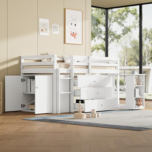 3ft Single Wooden Storage Beds With Pull-out Desk & Storage Cabinet & Shelves & 3 Drawers, Wood Cabin Bed Frame with Ladder & Guard Rail, Mid-Sleeper Loft Bed For Kids Children Teens, White, 190x90cm