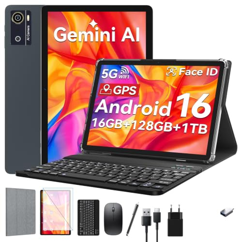 KADYBE Tablet 10 Zoll Android 16 Tablets mit 16GB +128GB 9-In-1 Komplettset mit Tastatur Maus Stift Hülle Gesichtsentsperrung 13MP Kamera 7000mAh GPS WiFi 5 Bluetooth 5 Tablet für Homeoffice