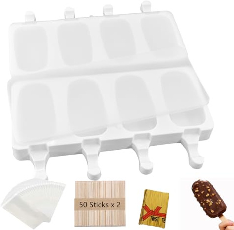 Aicerous® 2 Pcs Moldes Grandes Silicona Helados con Tapa, Juego de Moldes para Polos, Molde Helados Magnum, sin BPA, con 100 palos de madera, 100 bolsas OPP, 100 tiras embalaje (A)