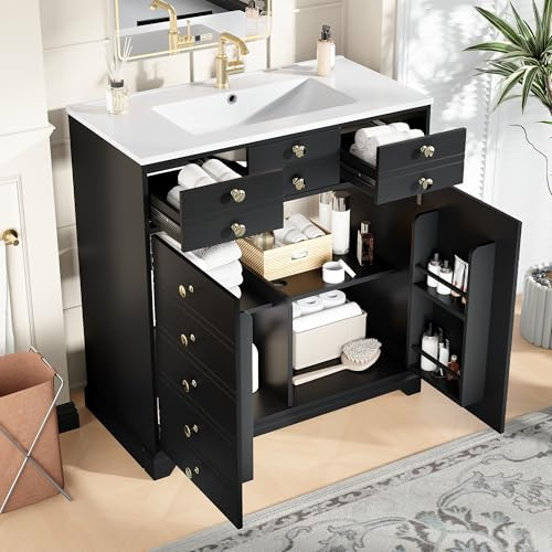 Httcg Badezimmerschrank Waschbeckenunterschrank Schwarz mit Keramikwaschbecken und Schublade, Waschtischunterschrank mit Gold Griffe und Türen, Badmöbel Waschbecken mit Unterschrank, 91.5x47x86.5 cm