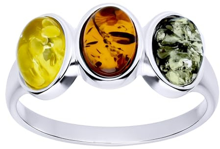Trefärgad rund 3-sten bärnsten sterling silverring – gul, grön, orange bärnsten smycken – storlekar L-R tillgängliga