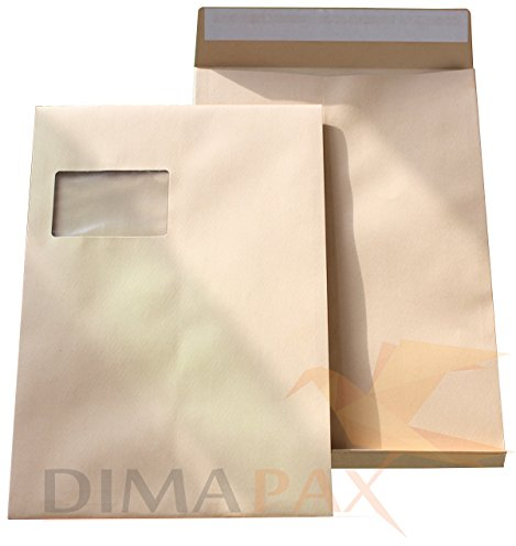 100 Faltentaschen C4 229x324x20 mm mit Fenster braun dimapax
