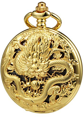 TREEWETO Taschenuhr mit Kette Herren Analog Mechanisch Handaufzug Doppelscharnier Antik Drache Römische Ziffern Gold