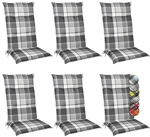 Beautissu 6er Set Hochlehner Auflagen Set Gartenstühle 120x50 cm Polster Blau Kariert – 6cm Dicke Polsterauflage Bequem, rutschfest & UV-Lichtecht 5 – Stuhlkissen Sitzauflage – Sunny BK