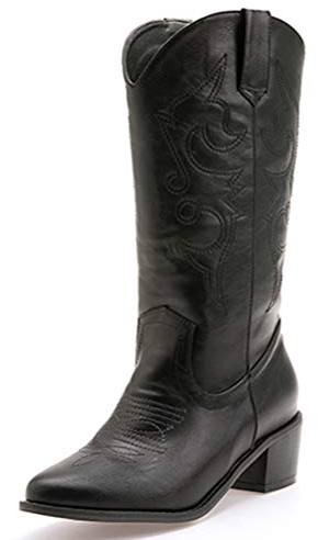 Stivali da motociclista western da Donna Stivali a metà polpaccio Tacco a punta Punta invernale Quadrato tacco corto Stivali da cowboy slip-on peluche Donna