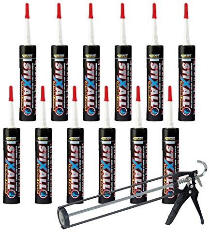 Nassboards Stixall 12x Polymer Grab Sealant with Free Sealant Gun - 290ml Caulking Adhesive and Pro Sealant Applicator Included - Extra Adhesive Durable Sealant Polymer Adhesive 12-Pack