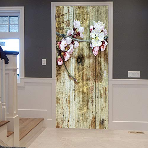 A.Monamour Türtapete Selbstklebend Türfolie Türposter 3D Zweig Mit Blumen Auf Rustikal Gebeizten Holz Boden Holzbrettern Vinyl Folie Türdeko Tapete Wandbild Türaufkleber Türtattoo 90 x 200 cm