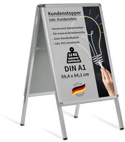 Kundenstopper Gehwegaufsteller Werbetafel | für zwei Plakate | Aluminium Plakatständer | inkl. PVC-Schutzfolie & Kreidetafeln (A1 mit Tafellack-Platten B59,4,0 x H84,1 cm)