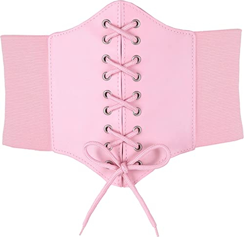 Hoerev Damen Mädchen Elastisch Breites Band Elastisch Gebunden Waspie Korsett Taille Gürtel Bustiers Korsetts,Hellrosa mit Knopf,M