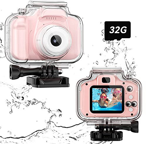 Kids Waterproof Camera Toys for 3-12 Year Old Birthday Children Underwater Sports Video Camera HD Toddler Digital Action Camera 2 Inch Screen with 32GB Card