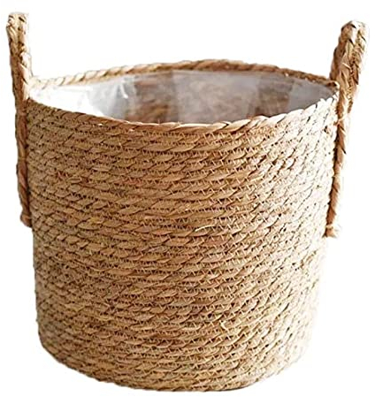 FOUTP Diamètre de 20 cm/27 cm/30 cm panier de jardinière en herbe de mer, couvercle de pot de plante tissé à la main avec doublure en plastique étanche pour la décoration de la maison de balcon (27cm)