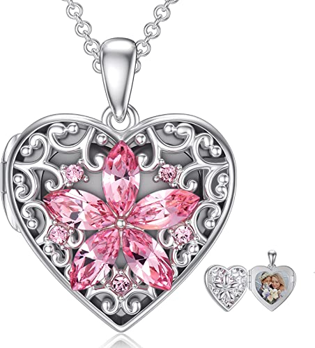 Dorunmo Medaillon Herz Kette Sterling Silber Foto Anhänger Amulett Kette Blume Foto Medaillon Halskette Foto Bilder Amulett Geburtstag Muttertags Geschenke für Damen Mutter Tochter