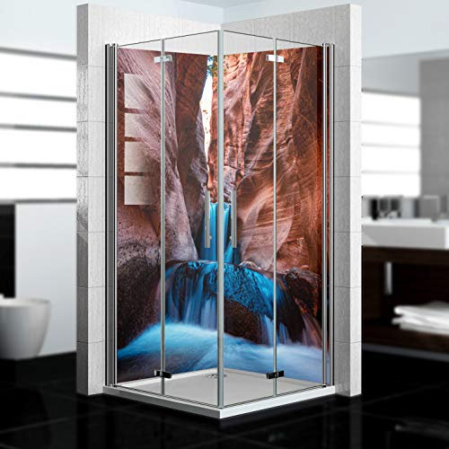 dedeco Eck-Duschrückwand wasserfest Motiv: Wasserfall V18, UV-Lack matt, 2x 80x200 cm, Badrückwand zum Fliesenersatz, als Dekorwand, Wandverkleidung und Duschplatte aus Aluminium - Made in Germany