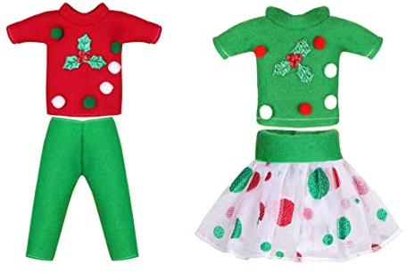 Super Idee 2er Set Elfenkleid Kleidung Hose und Skirt Gute Größe für Elf auf dem Regal The Elf on The Shelf Jungen und Mädchen Elf Scout Elves Zubehör Weihnachten Wichtel Accessoire