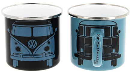 BRISA VW Collection - Volkswagen 2-Piece Enamel Coffee-Tea Mug Cup Set for Camping & Outdoor T1 Bus (Black/Blue)