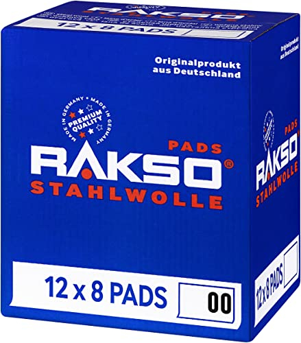RAKSO Stahlwolle fein 00-96 Pads - 12x8 Stk. - glättet Hölzer, Reinigung Kunststoffjalousien, Gartenmöbel, Aluminium aufpolieren