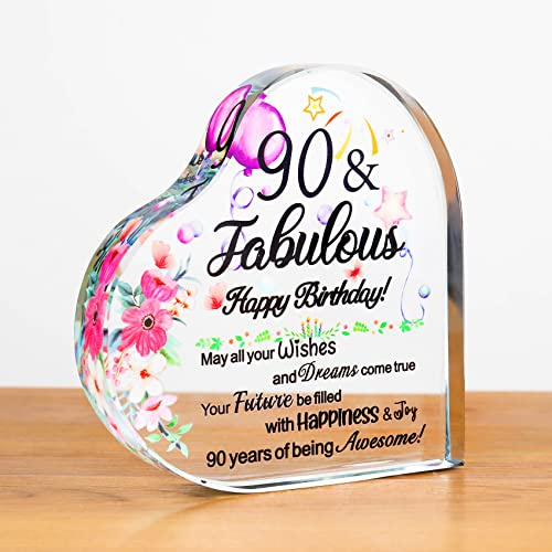 Movdyka Glass 90th Birthday Gifts for Women Heart Colorful Plaque Keepsake for 90 Years Old Mum Nan Aunties, Happy 90th & Fabulous Presents for Her