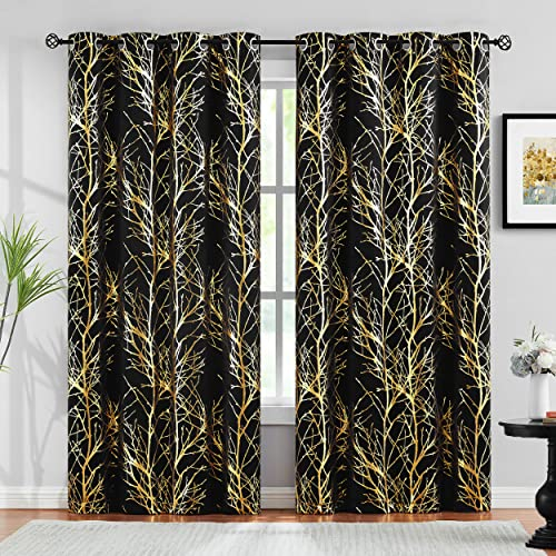 FMFUNCTEX Schwarz Gold Blickdichte Vorhänge Metallic Zweig Muster Verdunkelungsvorhänge mit Ösen Thermovorhang Hitzeschutz Gardinen für Wohnzimmer Schlafzimmer 2er Set, 225 x 132 cm (H x B)