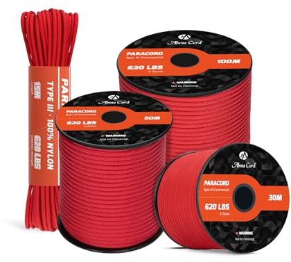 Abma Cord Paracord 620lbs 4mm 15M 100% Nylon Seil Typ 3 Schnur mit 9 Kern für Basteln, Camping, Survival, Outdoor - Max. 280kg - Rot