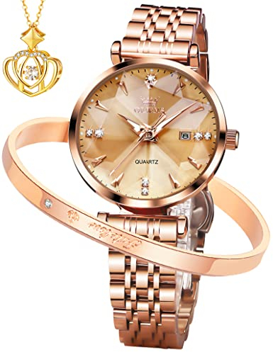 OLEVS Damenuhren Roségold Diamant Kleines Gesicht Edelstahlarmband Analoge Quarz Armbanduhren mit Kalender Leuchtend Wasserdicht Armreif Geschenke Set