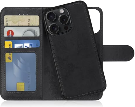 MyGadget Flip Case für iPhone 15 Pro Max - [ abnehmbare Magnet Hülle ] - Handyhülle aus Kunstleder - [ Klapphülle mit Kartenfach ] Schutzhülle in Schwarz