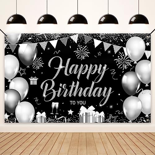 Koliphy Geburtstag Banner, Happy Birthday Banner Deko Geburtstagsdeko für Männer Frauen, Stoff Geburtstagsbanner Dekoration Drinnen und Draußen, Silber Schwarz