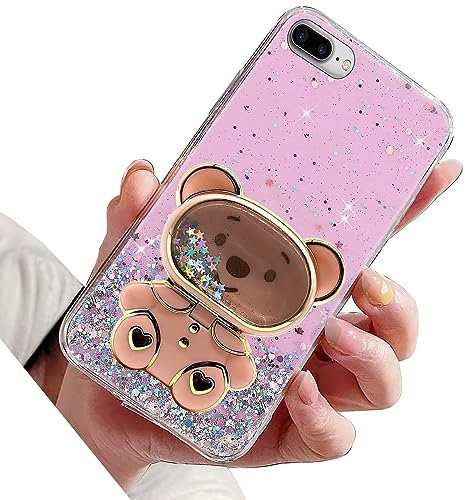 Rnrieyta Miagon Bear Astronaut Glitter Stand Case for iPhone 8 Plus/7 Plus,Bling Transparent Soft Quicksand Protective Slim Shockproof Cover with Mirror Holder Kickstand,Pink