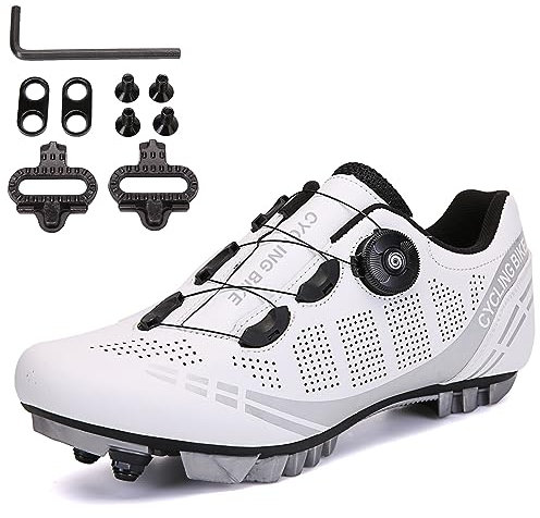 PENXZT Zapatillas para Hombres de montaña en Bicicleta Compatible con Shimano SPD 2 Pernos Pedales Zapatos MTB Carreras en Interiores y al Aire Libre,Blanco,43 EU