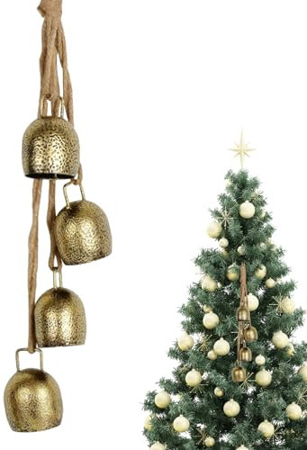 Cloches de Noël pour la décoration de l'arbre de Noël, 4 Pcs Gold Cow Bells Vintage Rustic String of Bells Hanging Metal Decorative Bells for Outdoor Home Garden Decor