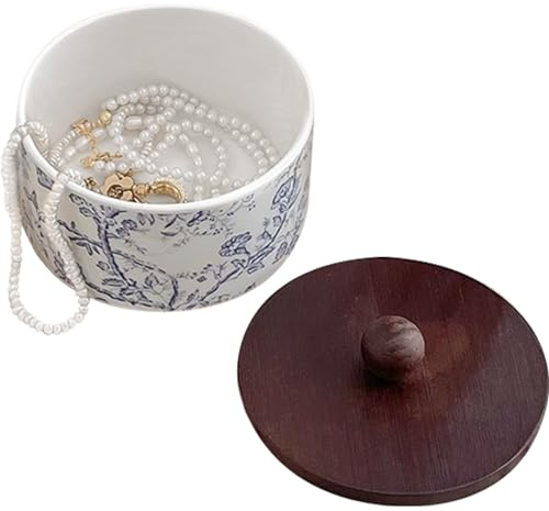 EHERDM Boîte à bijoux ronde en porcelaine avec couvercle en bois bleu et blanc - Esthétique vintage florale - Boîte à bijoux décorative pour bagues, boucles d'oreilles, colliers, bracelets, clés