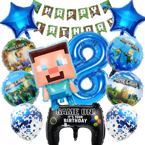 12 Stück Pixe Geburtstagsdeko 8 Jahre Junge, Pixe Ballons Geburtstag Set, Kindergeburtstag Luftballons, Geburtstag Party Deko Ballons Set für Kinder (8)