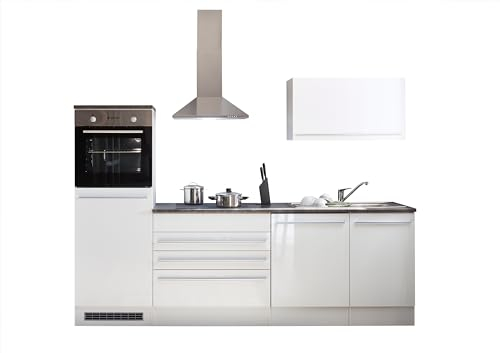 Flussio - Cucina completa in laminato nel colore bianco lucido e Stone dark, composto da diversi elementi. Lavabo e apparecchiature elettriche NON comprese. Dimensioni ca. LAP 260x200x60 cm