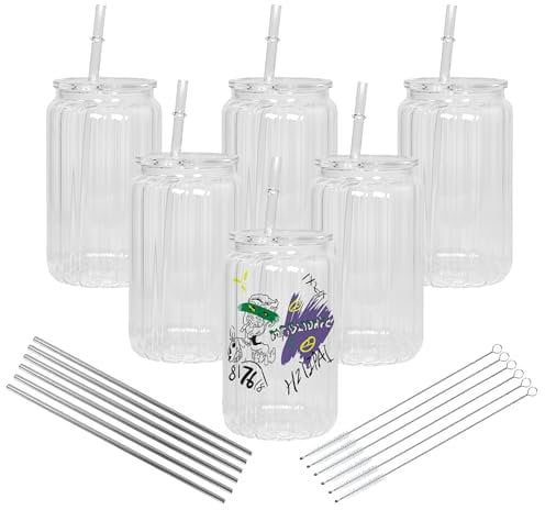 AGH life 6 Pack 16oz Sublimation Glass Cups Blanks with Lids and Straws, Clear Glass Cans Vertical Stripes, Borosilicate Glass Tumbler, Sublimation Beer Can for Iced Coffee Juice