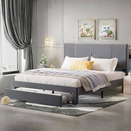 Lit Coffre 160x200 et Tiroirs, lit 2 Personnes, lit capitonné 160x200cm avec Rangement, Lit Coffre avec Port USB de Type C, lit Double avec sommier à Lattes, Gris (sans Matelas)