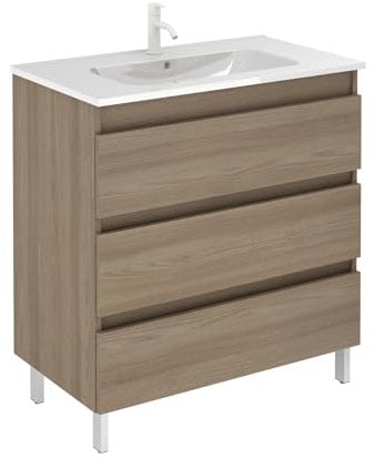 EstiloBaño - Boreal | Conjunto Mueble de Baño con 3 Cajones + Lavabo | Disponible 60-80 + Blanco - Nogal 【Ancho 80】 【Nogal】