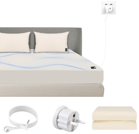HUNAIGEE Erdungsbettlaken 150×200cm Silberfase Erdungsmatte Erdungslaken mit 4.6m EU-Erdungsanschlusskabel Erdungsblech für Besseren Schlaf Beige
