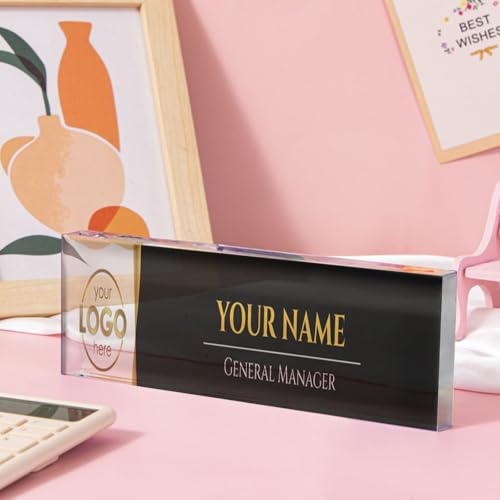 Luxury Black and Gold Desk Name Plate - Customizable Office Name Tag with Logo Space, Perfect for General Managers