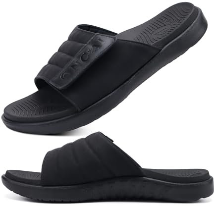 ONCAI Sandales pour Hommes Sangles Réglables Orthotique Bout Ouverts Sports Slides avec Souple Confortable Support de la Voûte Pantoufles Noir Taille 44.5
