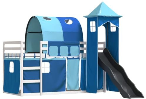 vidaXL Etagenbett, Stockbett mit Rutsche Gardinen, Kinderbett mit Rausfallschutz Lattenrost, Spielbett Bett ohne Matratze, Blau 90x200cm