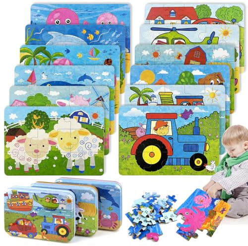 GZLCEU 12 STK 16×11cm Puzzle, Holz Kinderpuzzle Mini-Puzzle Kinder mit 3 STK Box für Kinder, Jungen, Mädchen Puzzle ab 3 4 5 Jahren(Jeweils 4 STK in 3 Stilen)