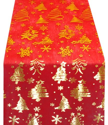Tischläufer Weihnachten Rot, Tischläufer Weihnachten Rolle mit Gold Weihnachtsbaummuster, 28CM x 500CM, Organza Tischband Glänzend Tischdeko, für Weihnachten, Silvester, Adventszeit, Ramadan