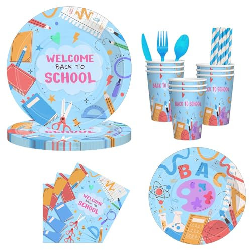 Uixxducc Einschulung Partygeschirr Set für 10 Personen, 90 Stück Schulanfang Pappgeschirr mit Pappteller Pappbecher Papierservietten für Die Tischdekoration Der Schulanfangsfeier (10 Personen)