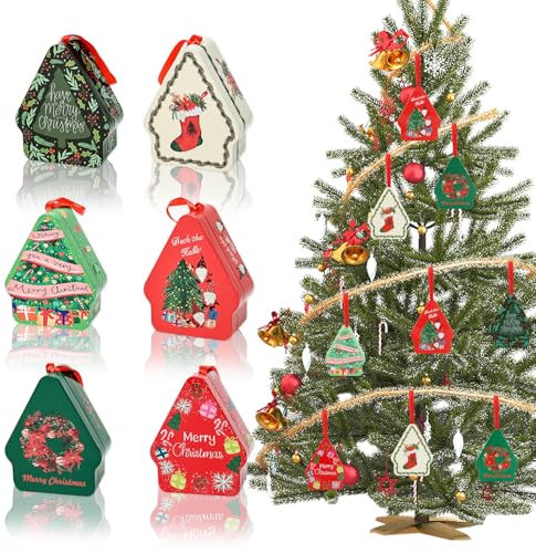ACTOYS Scatola di Latta Biscotti Natale, Barattolo di Caramella di Metallo, Pallina Appendere e Aprire, Barattoli, Scatola Regalo (Triangolo*6pcs)