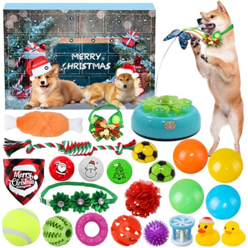 Weihnachten Adventskalender 2024 Hund Katze Haustier Spielzeug, 24 Tage Xmas Countdown Kalender Quietschendes Beißspielzeug Set mit Kauseilen Urlaub Überraschungen Geschenke für Welpen Kleine Mittlere