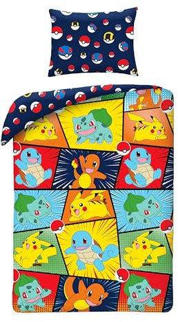 Halantex Bettwäsche-Set Pokemon, Pokemon und Pokeball, Mehrfarbig, 2-teilig 140 x 200 cm + 1 Kissenbezug. 100% Baumwolle, Oeko-TEX., Einzelbett